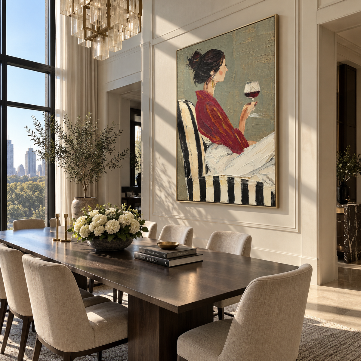Burgundy Robe Holds Wine – woman in burgundy holding wine, Retro Modern vertical wall art - displayed above a narrow living room console