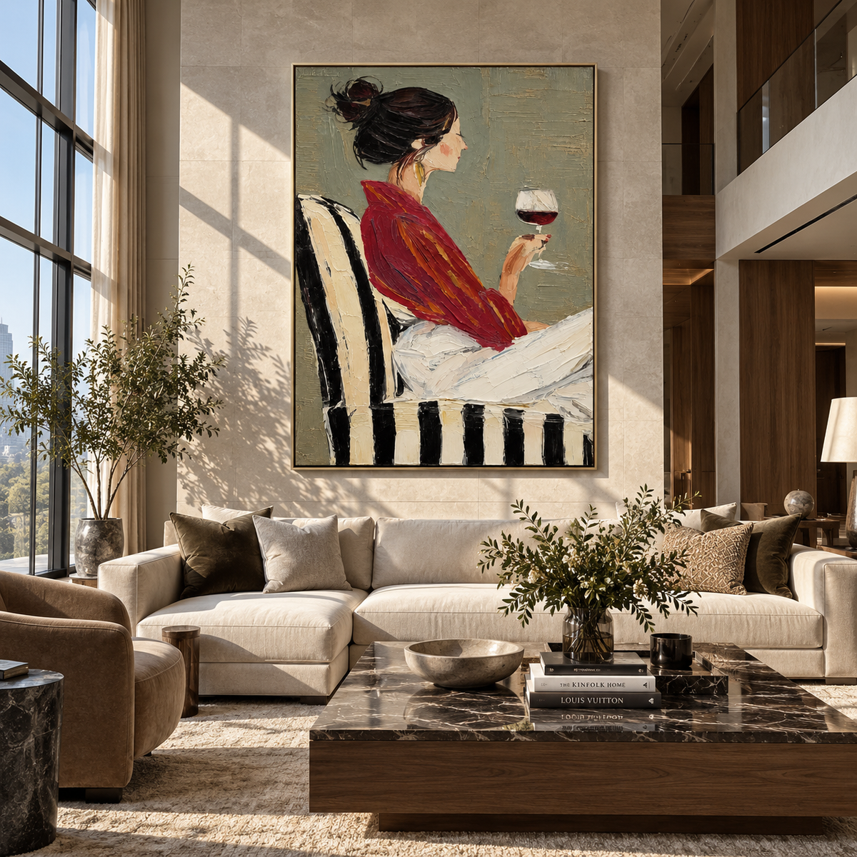 Burgundy Robe Holds Wine – woman in burgundy holding wine, Retro Modern vertical wall art - displayed in a quiet reading corner