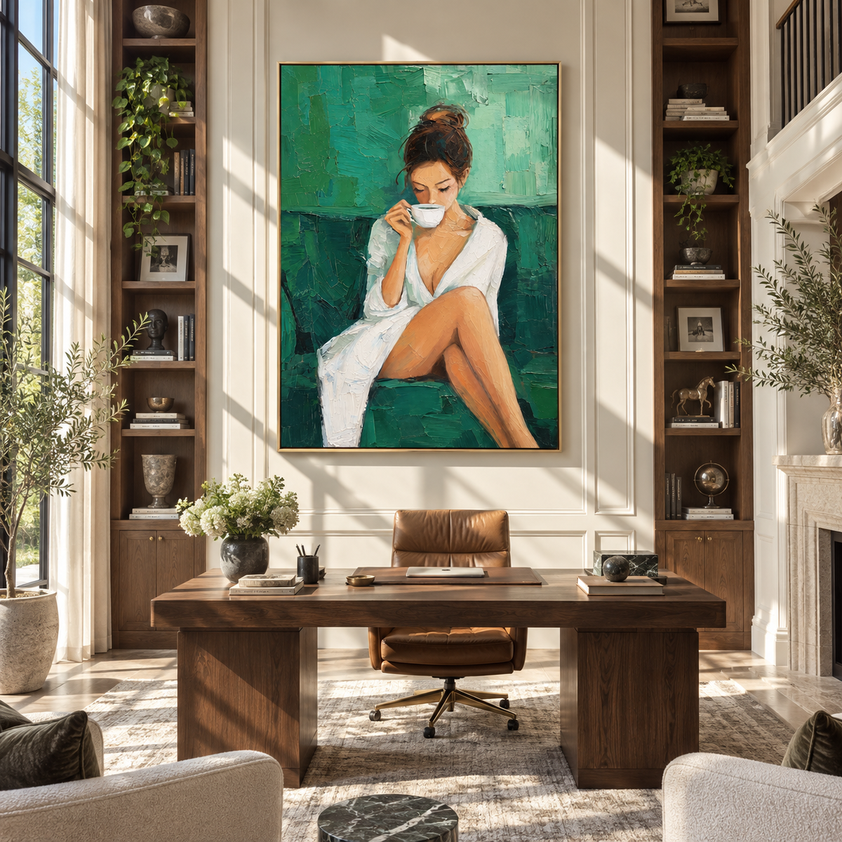 White Robe Meets Teal – woman drinking coffee in white robe, Retro Modern vertical wall art - displayed through an entryway