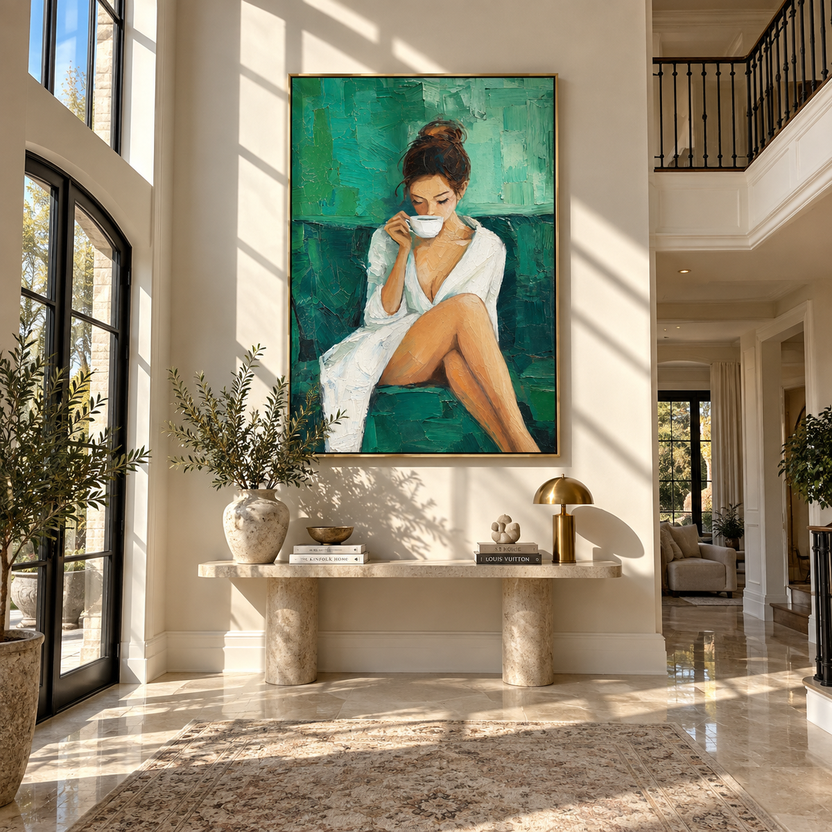 White Robe Meets Teal – woman drinking coffee in white robe, Retro Modern vertical wall art - displayed in a quiet reading corner