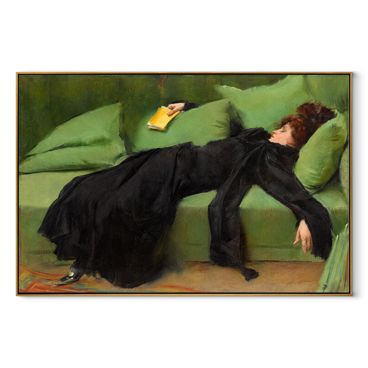 Green Sofa Holds Midnight – black gown woman on green sofa, Retro Modern horizontal wall art - wood frame on white background