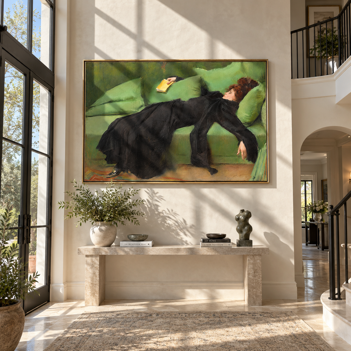 Green Sofa Holds Midnight – black gown woman on green sofa, Retro Modern horizontal wall art - displayed beside a dining sideboard