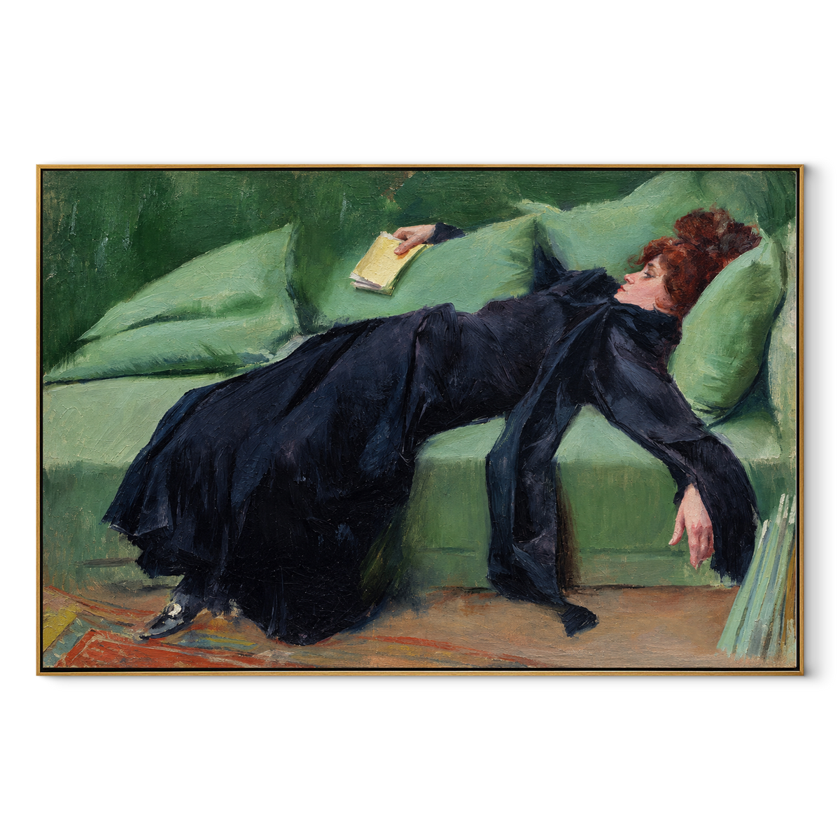 Blue Velvet Catches Sleep – navy gown woman on green sofa, Retro Modern horizontal wall art - wood frame on white background