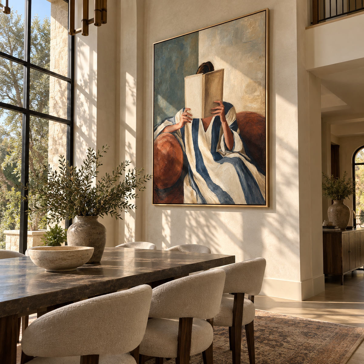 Brown Book Guards Stillness – woman reading large brown book, Retro Modern vertical wall art - displayed through an entryway
