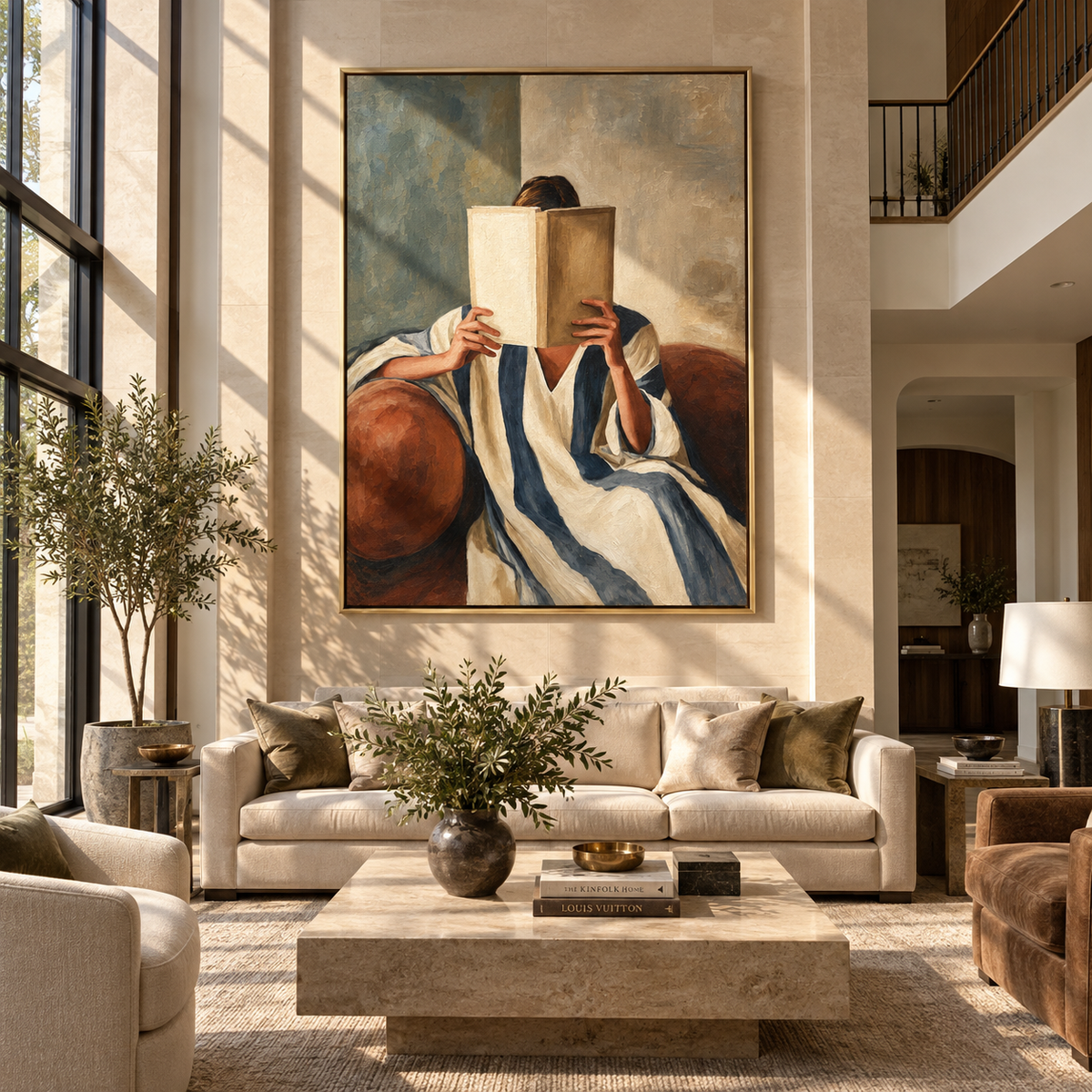 Brown Book Guards Stillness – woman reading large brown book, Retro Modern vertical wall art - displayed along a stair landing