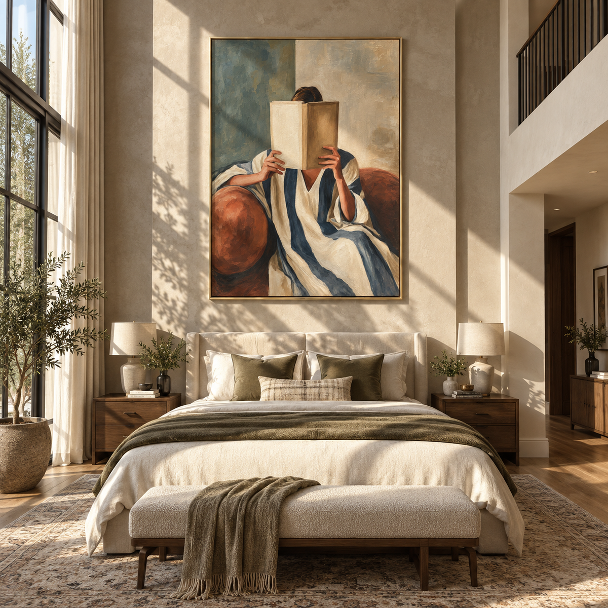 Brown Book Guards Stillness – woman reading large brown book, Retro Modern vertical wall art - displayed above a narrow living room console