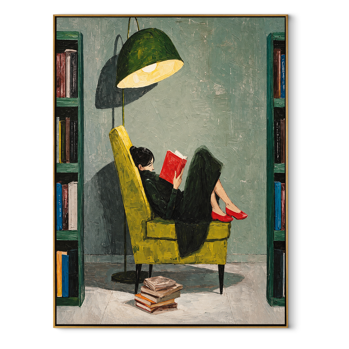 Red Heels Read Alone – woman reading under green lamp, Retro Modern vertical wall art - wood frame on white background