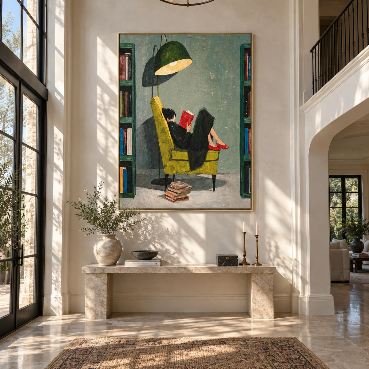 Red Heels Read Alone – woman reading under green lamp, Retro Modern vertical wall art - displayed along a stair landing
