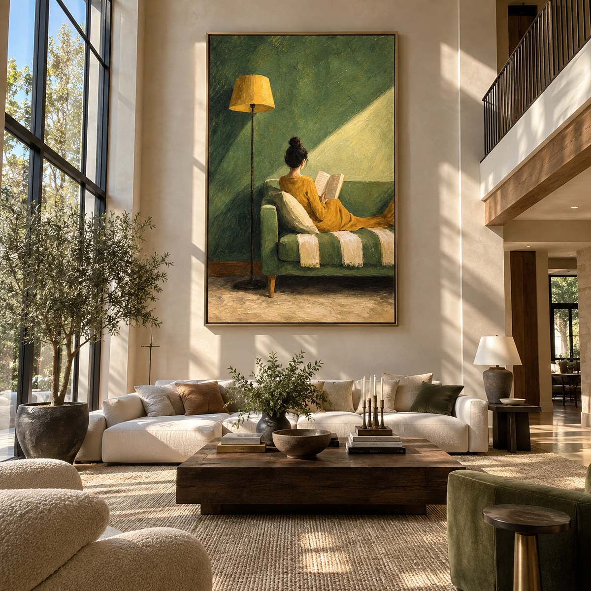 Sunbeam Crosses Open Pages – woman reading in sunlit chair, Retro Modern vertical wall art - displayed through an entryway