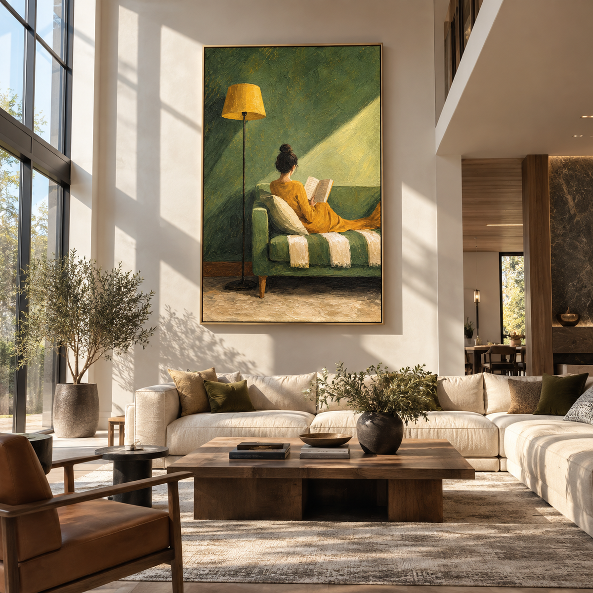 Sunbeam Crosses Open Pages – woman reading in sunlit chair, Retro Modern vertical wall art - displayed along a stair landing