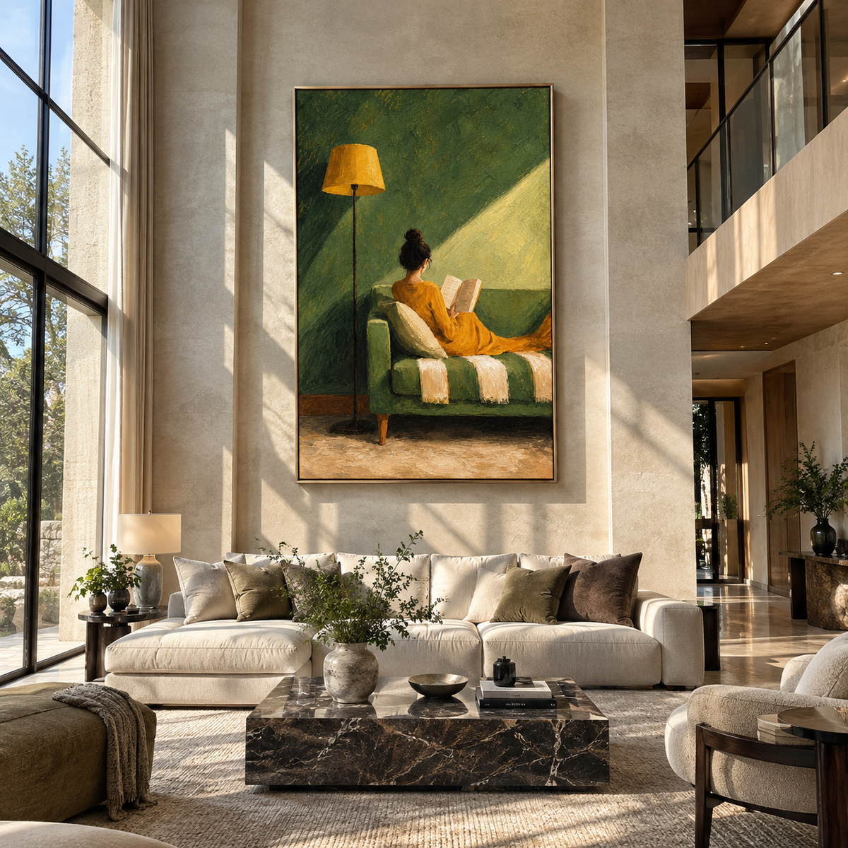 Sunbeam Crosses Open Pages – woman reading in sunlit chair, Retro Modern vertical wall art - displayed above a narrow living room console