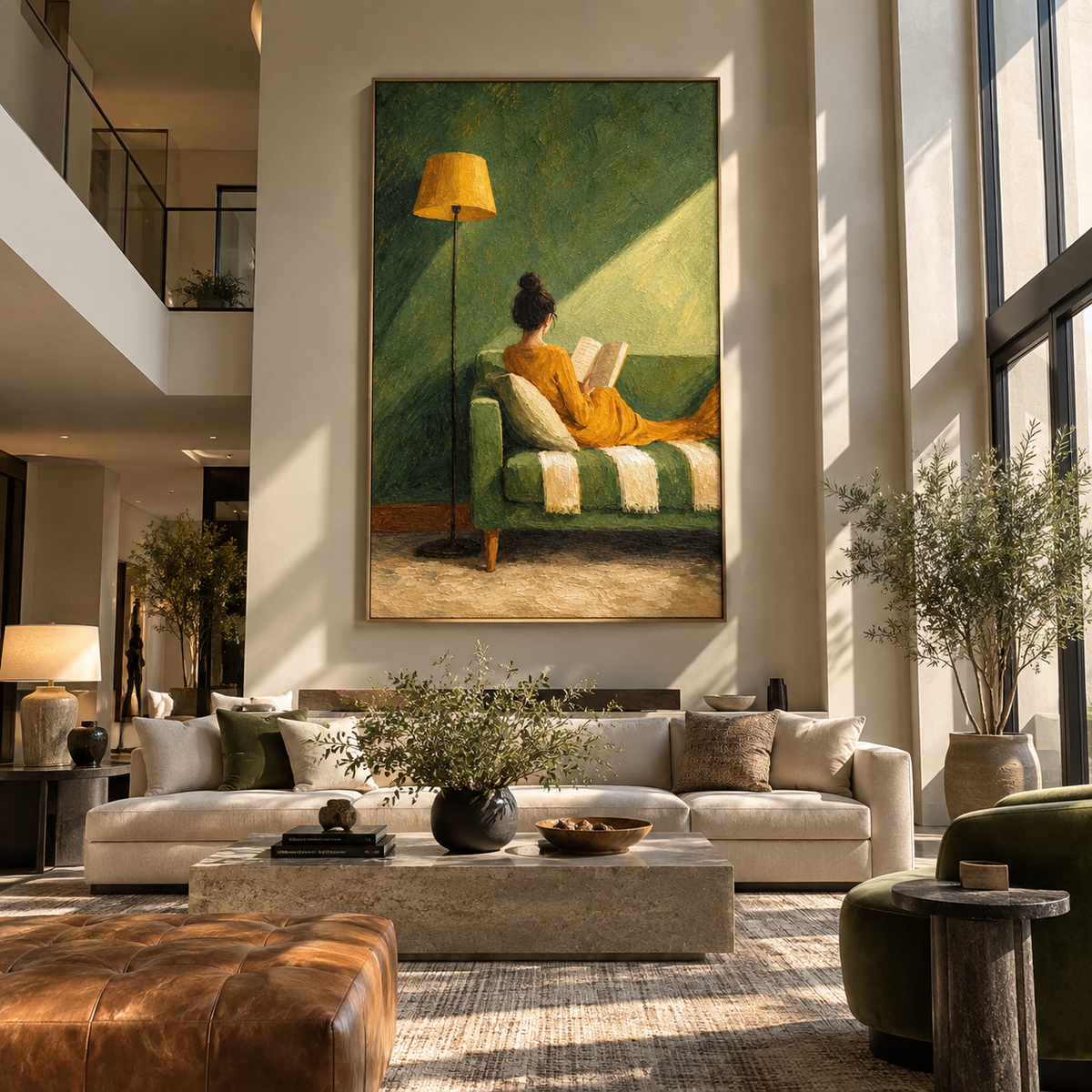 Sunbeam Crosses Open Pages – woman reading in sunlit chair, Retro Modern vertical wall art - displayed in a quiet reading corner