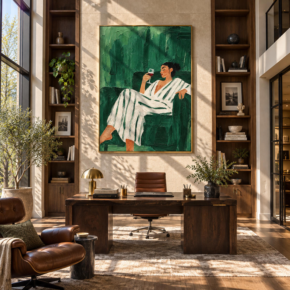 Green Evening Raises Glass – woman in striped suit drinking wine, Retro Modern vertical wall art - displayed through an entryway