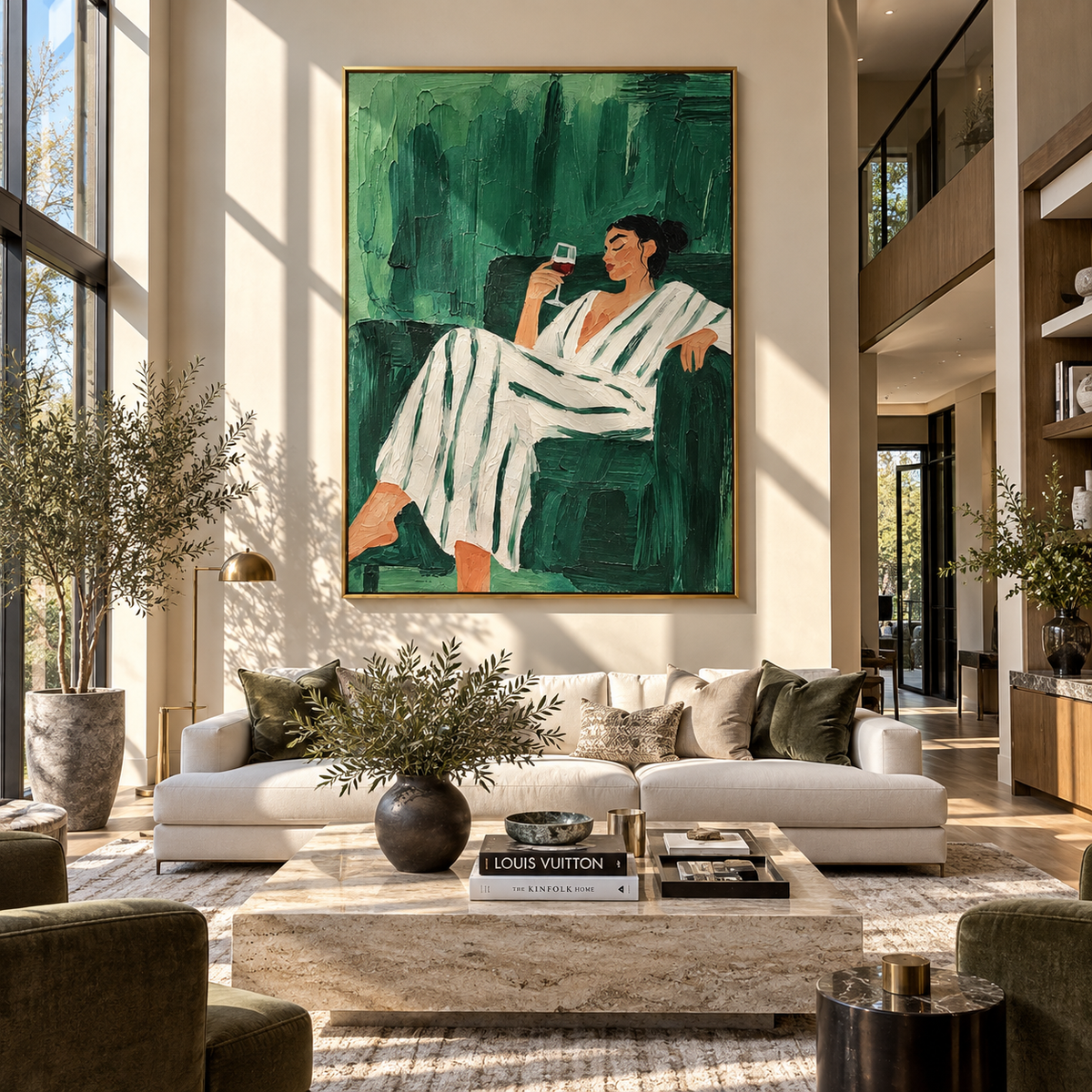 Green Evening Raises Glass – woman in striped suit drinking wine, Retro Modern vertical wall art - displayed above a narrow living room console