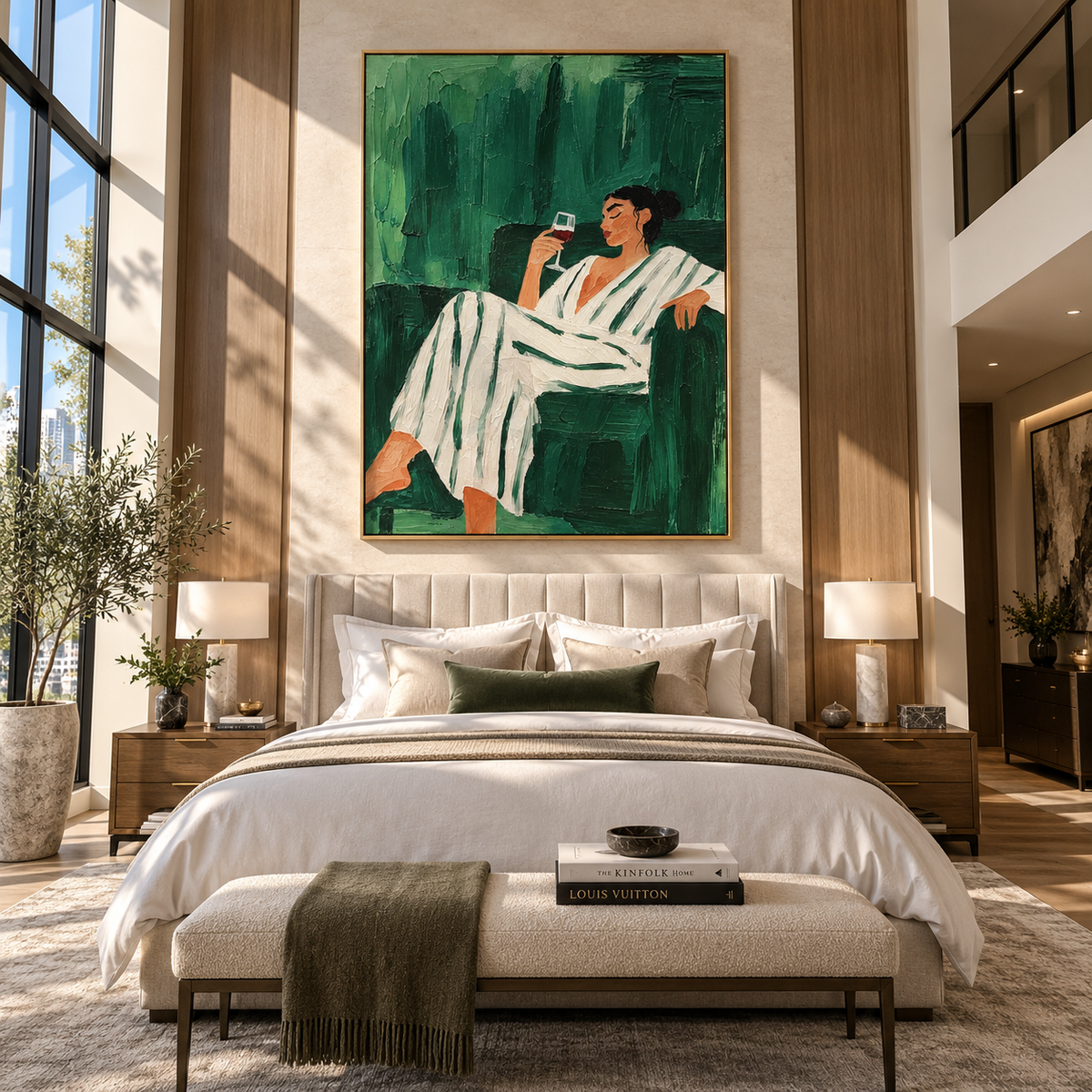 Green Evening Raises Glass – woman in striped suit drinking wine, Retro Modern vertical wall art - displayed in a quiet reading corner