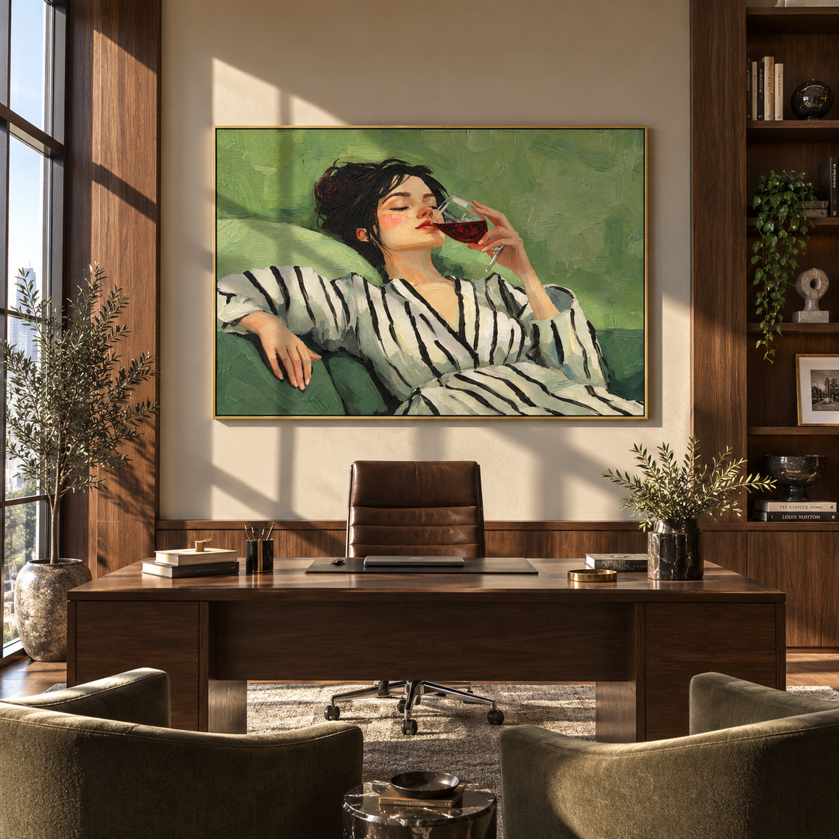 Red Wine Meets Stripes – reclining striped woman drinking wine, Retro Modern horizontal wall art - displayed above a living room sofa