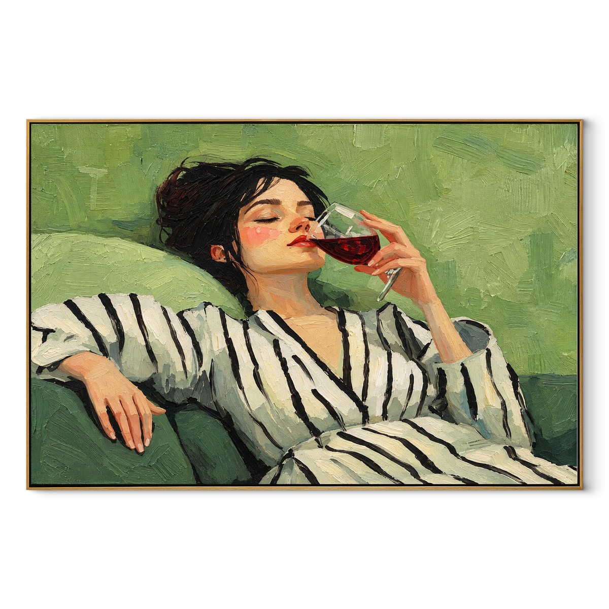 Red Wine Meets Stripes – reclining striped woman drinking wine, Retro Modern horizontal wall art - wood frame on white background