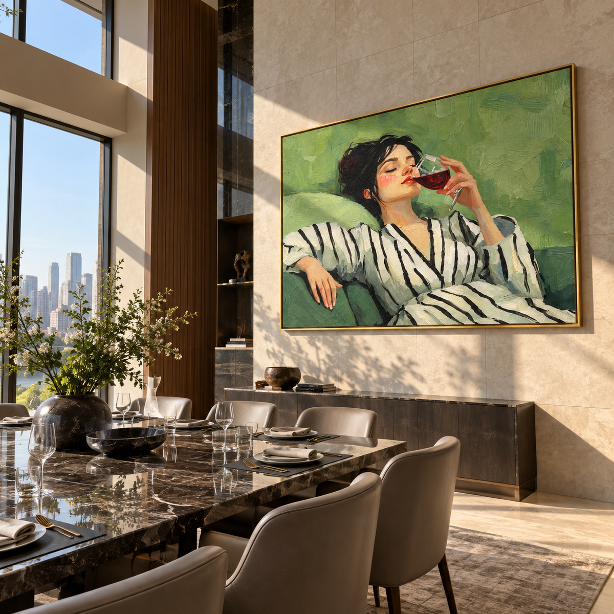 Red Wine Meets Stripes – reclining striped woman drinking wine, Retro Modern horizontal wall art - displayed beside a dining sideboard