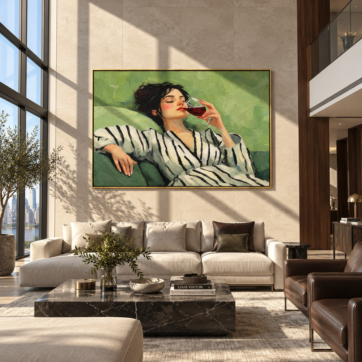 Red Wine Meets Stripes – reclining striped woman drinking wine, Retro Modern horizontal wall art - displayed over a home office credenza