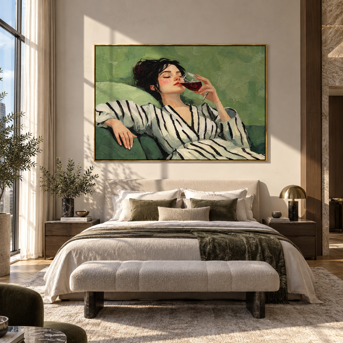 Red Wine Meets Stripes – reclining striped woman drinking wine, Retro Modern horizontal wall art - displayed in an open-plan lounge