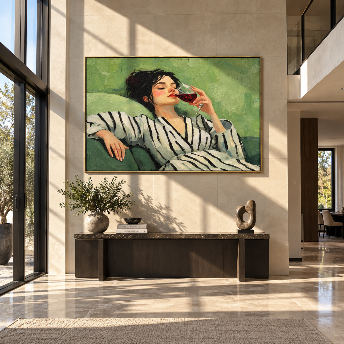 Red Wine Meets Stripes – reclining striped woman drinking wine, Retro Modern horizontal wall art - displayed above a long oak cabinet