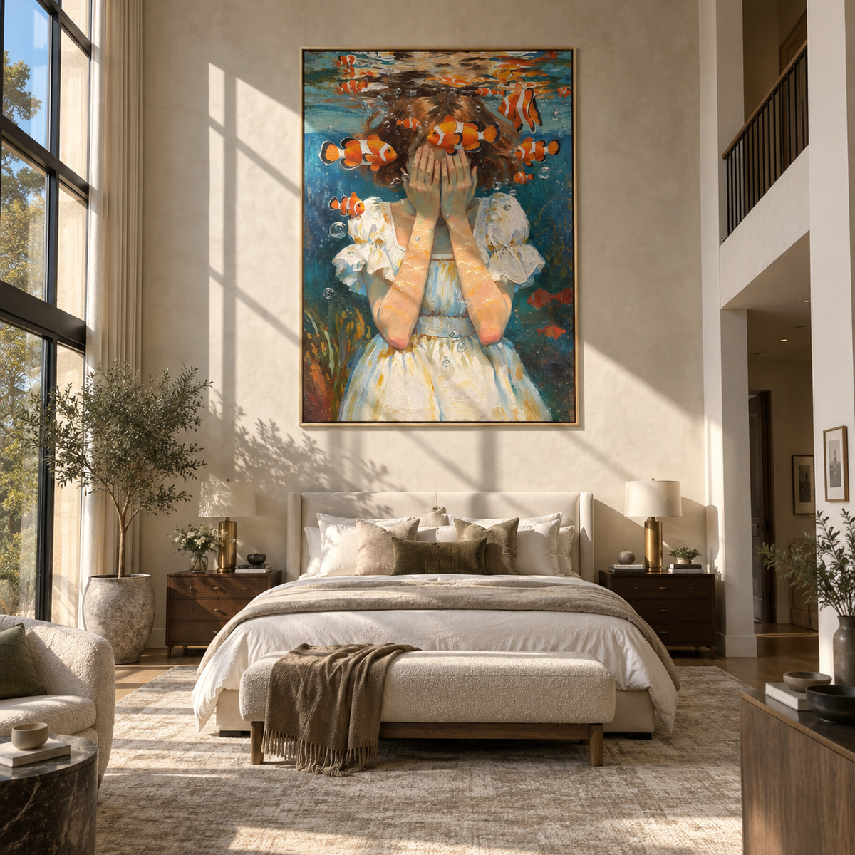 Clownfish Circle Hidden Eyes – underwater woman with clownfish, Retro Modern vertical wall art - displayed beside a bedroom dresser