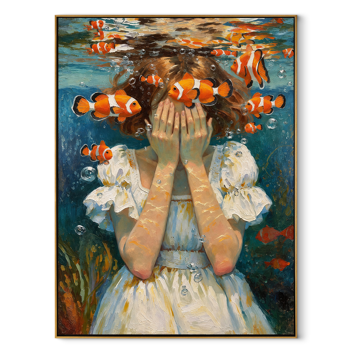 Clownfish Circle Hidden Eyes – underwater woman with clownfish, Retro Modern vertical wall art - wood frame on white background