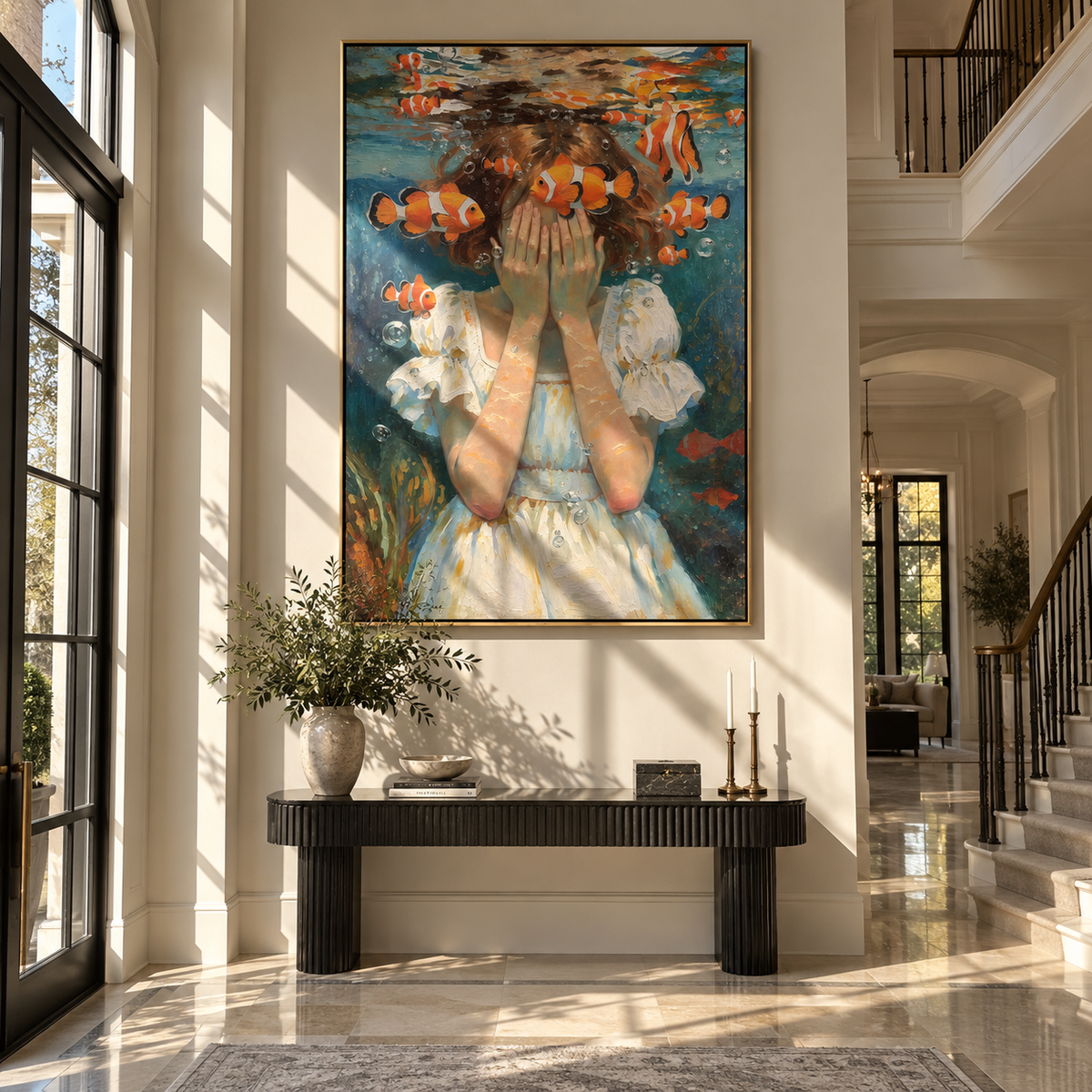 Clownfish Circle Hidden Eyes – underwater woman with clownfish, Retro Modern vertical wall art - displayed through an entryway
