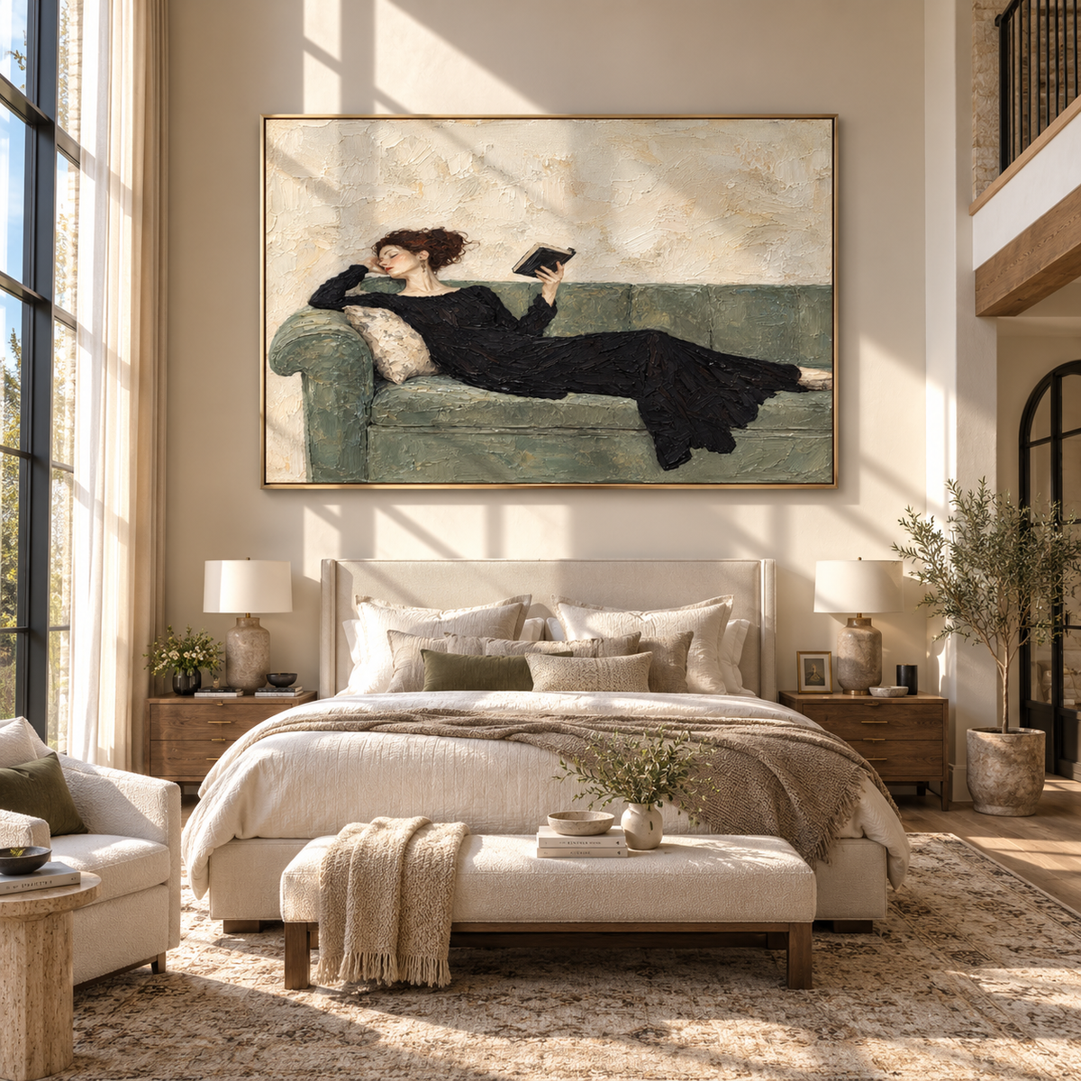 Black Dress Reads Sideways – reclining woman reading on sofa, Retro Modern horizontal wall art - displayed above a living room sofa
