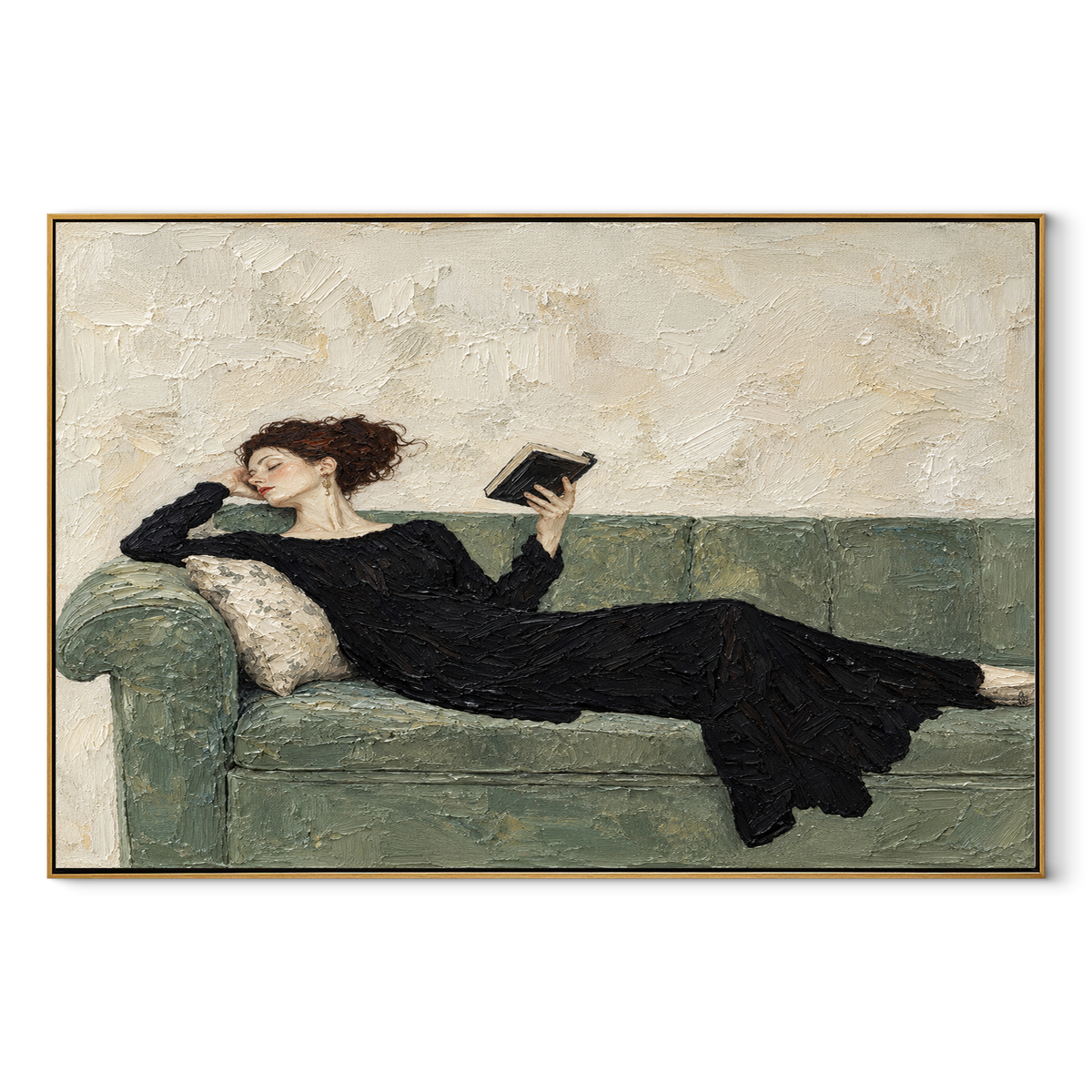 Black Dress Reads Sideways – reclining woman reading on sofa, Retro Modern horizontal wall art - wood frame on white background