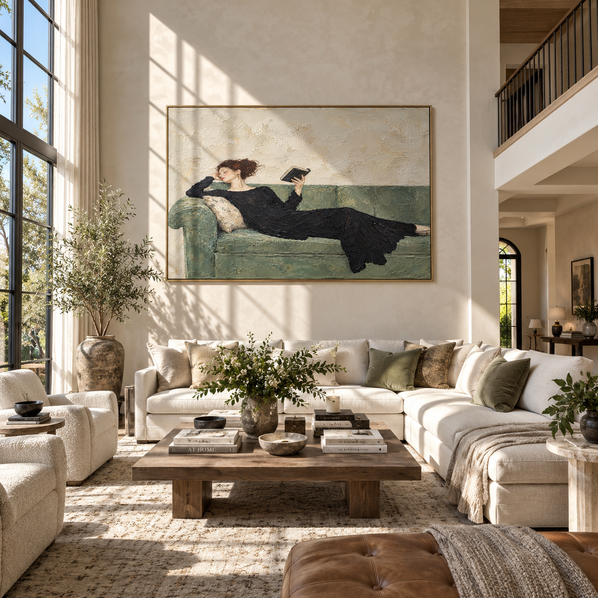 Black Dress Reads Sideways – reclining woman reading on sofa, Retro Modern horizontal wall art - displayed above a long oak cabinet