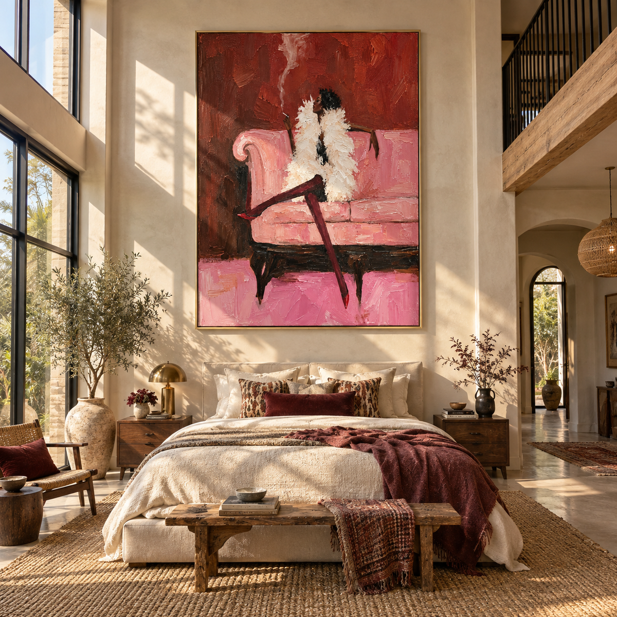Pink Room Keeps Secrets – feathered woman on pink sofa, Retro Modern vertical wall art - displayed beside a bedroom dresser