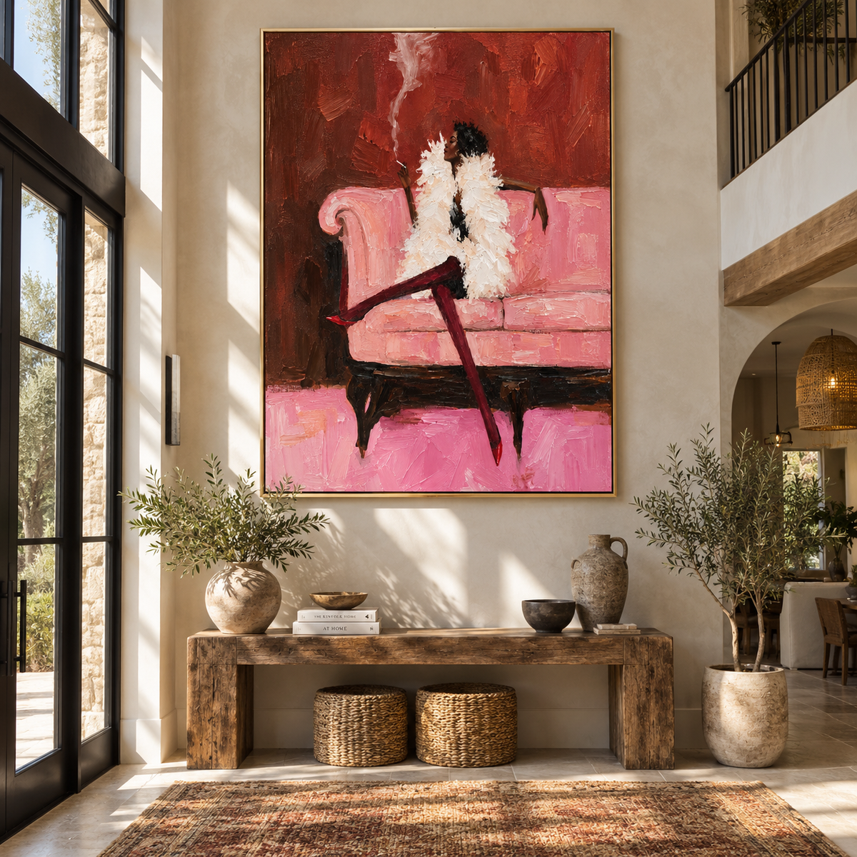 Pink Room Keeps Secrets – feathered woman on pink sofa, Retro Modern vertical wall art - displayed through an entryway