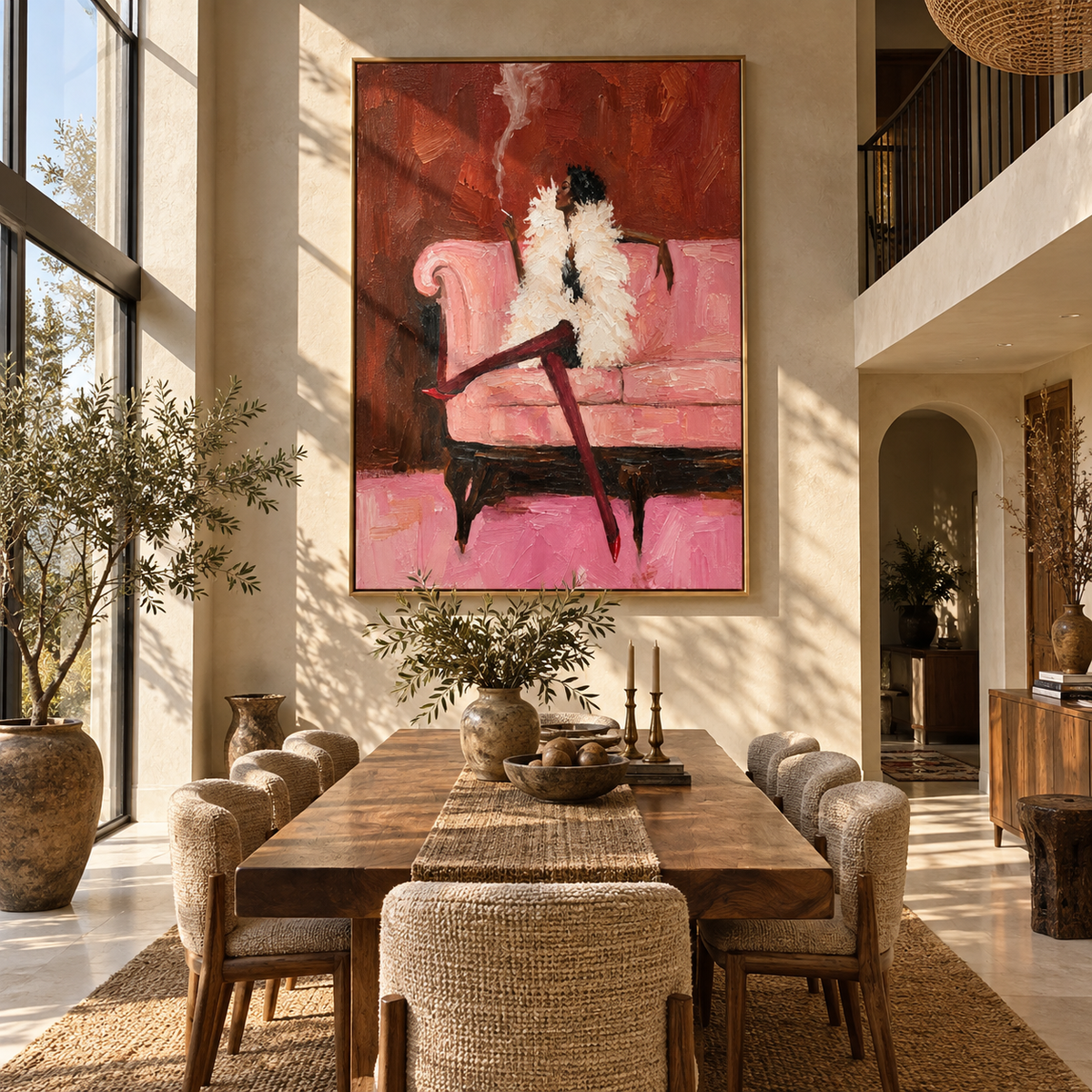 Pink Room Keeps Secrets – feathered woman on pink sofa, Retro Modern vertical wall art - displayed along a stair landing