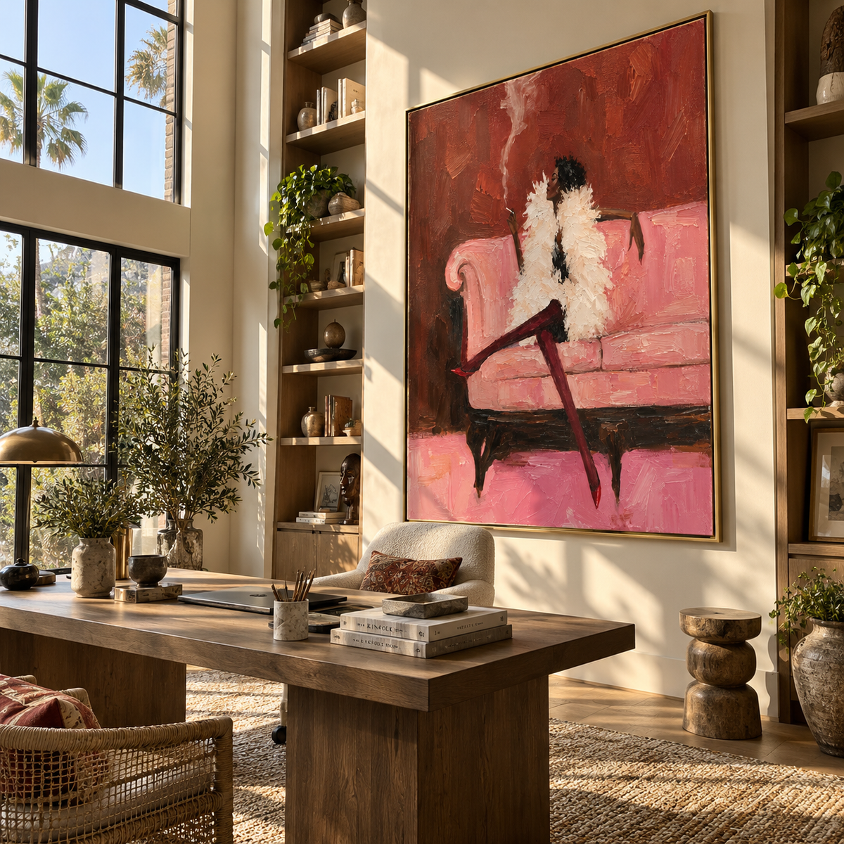 Pink Room Keeps Secrets – feathered woman on pink sofa, Retro Modern vertical wall art - displayed above a narrow living room console