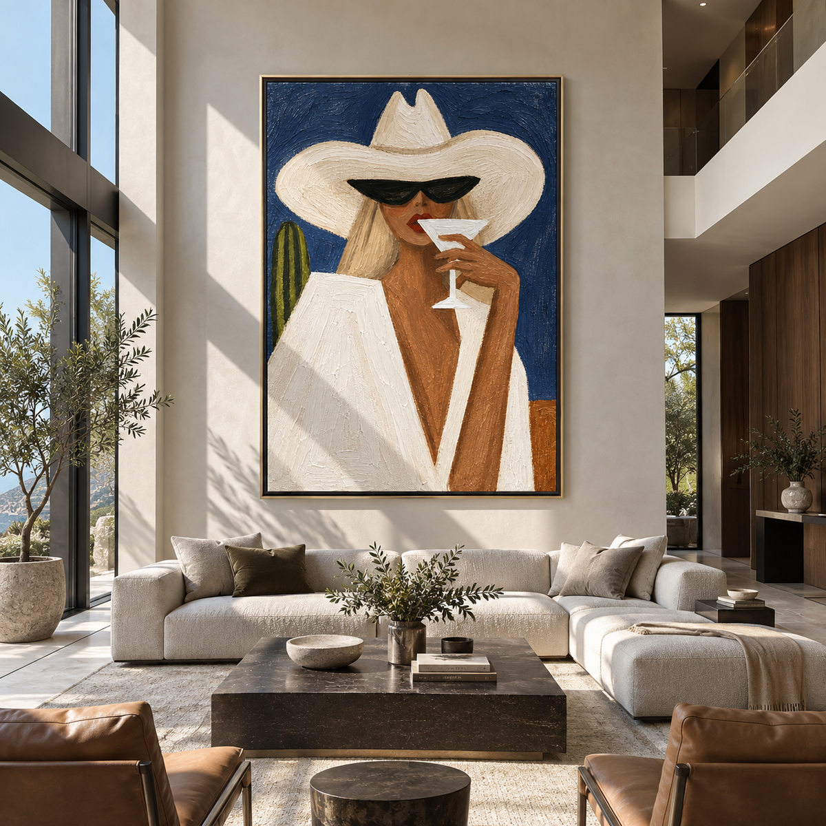 White Brim Sips Noon – white hat woman holding cocktail, Retro Modern vertical wall art - displayed beside a bedroom dresser