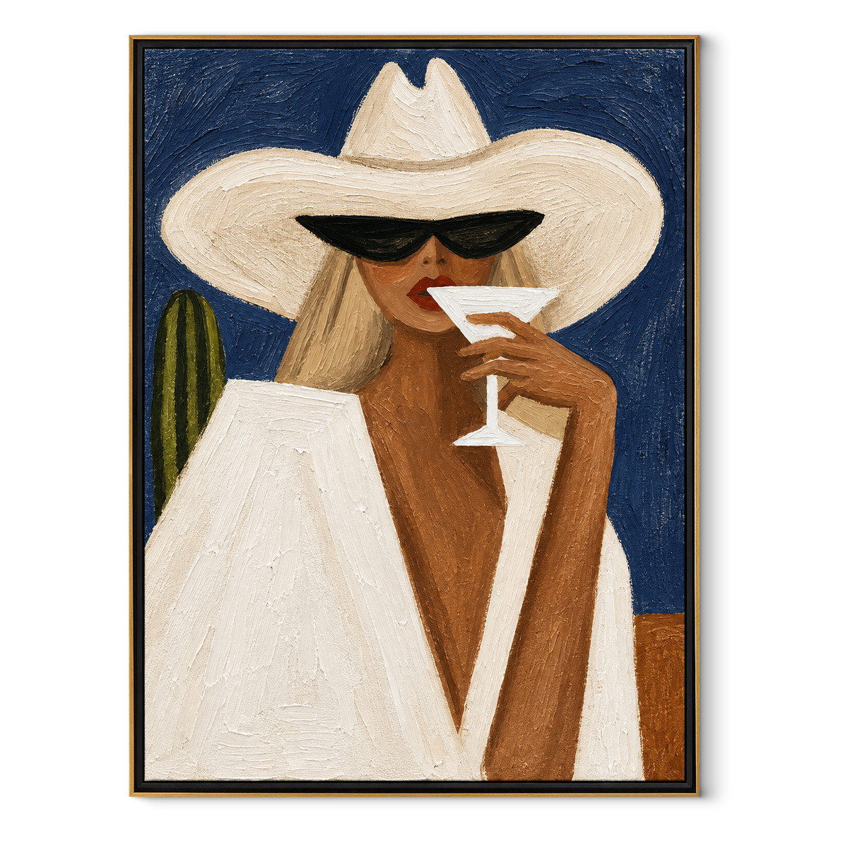 White Brim Sips Noon – white hat woman holding cocktail, Retro Modern vertical wall art - wood frame on white background
