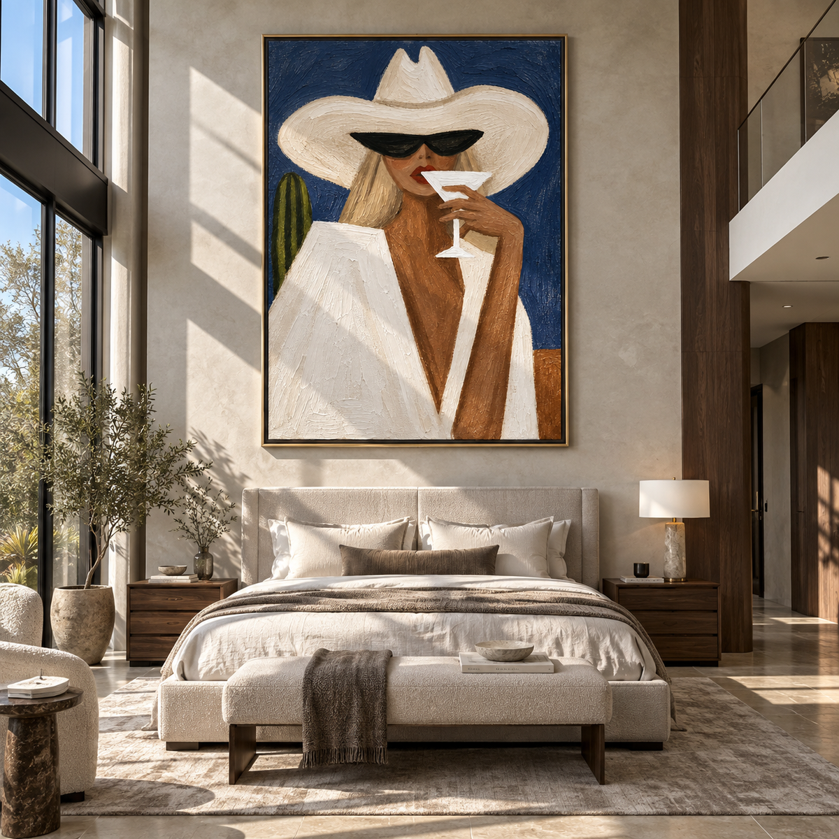 White Brim Sips Noon – white hat woman holding cocktail, Retro Modern vertical wall art - displayed through an entryway