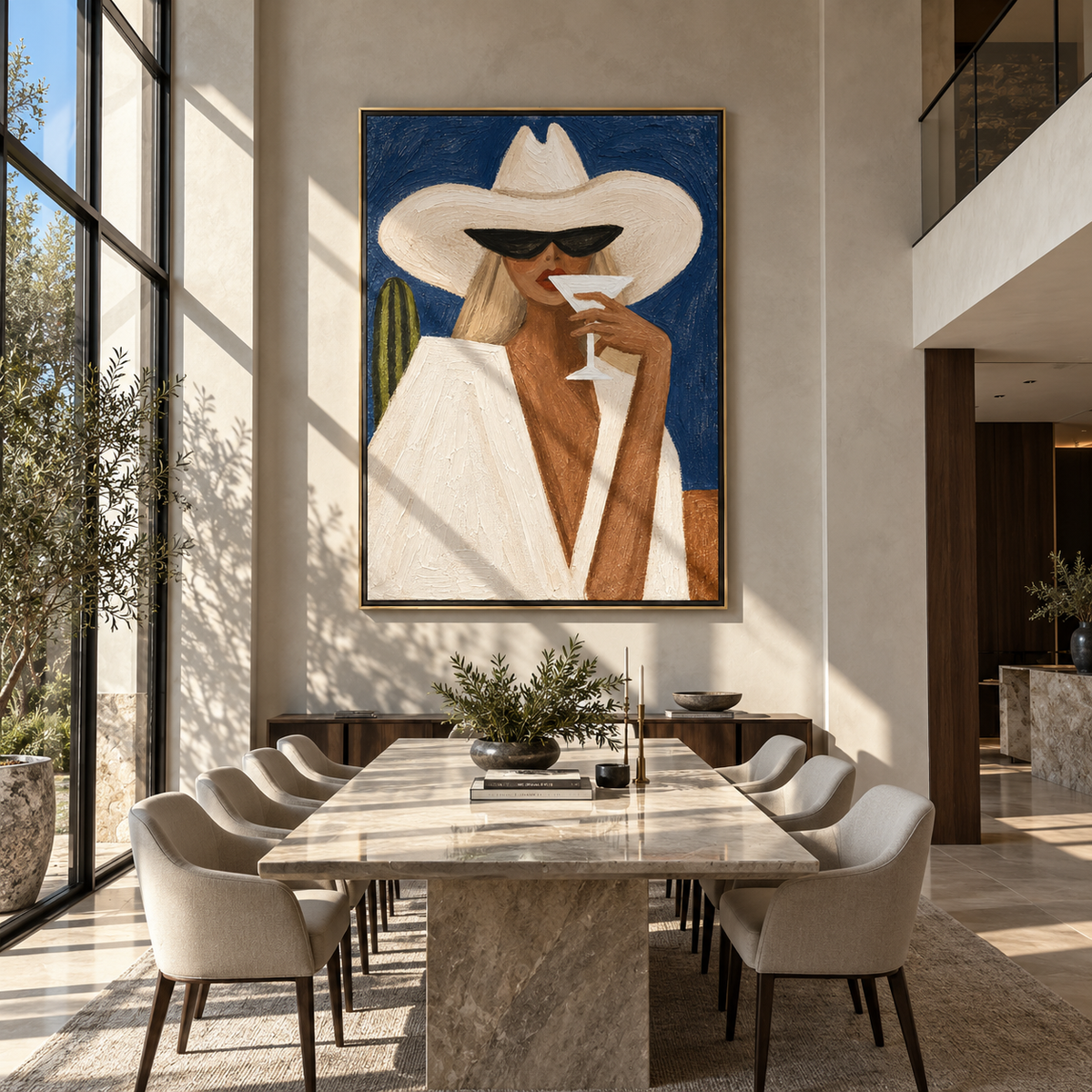 White Brim Sips Noon – white hat woman holding cocktail, Retro Modern vertical wall art - displayed above a narrow living room console
