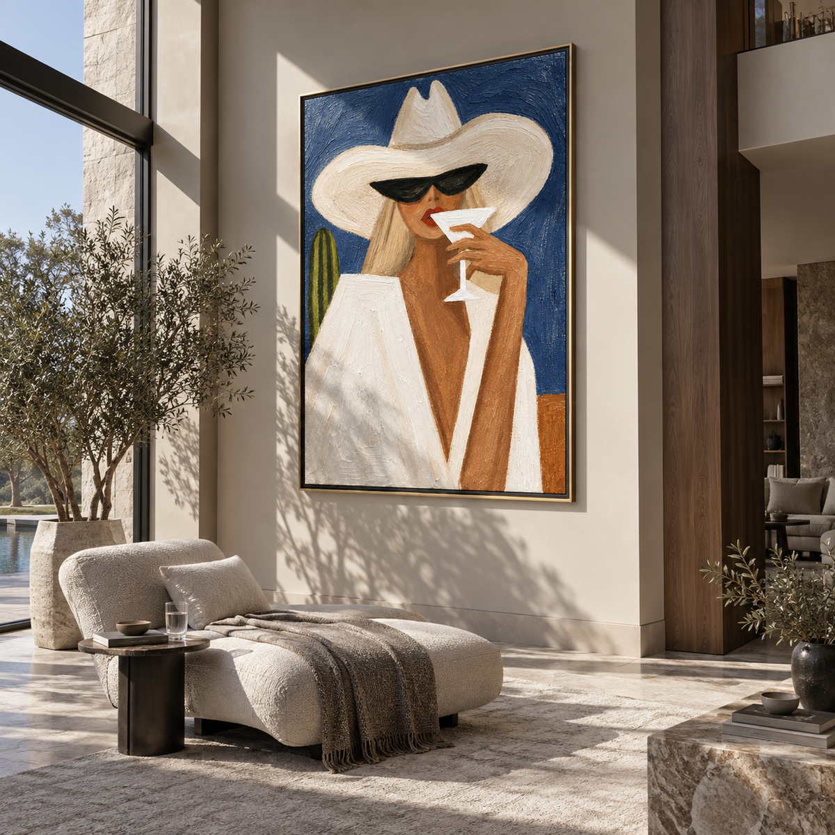 White Brim Sips Noon – white hat woman holding cocktail, Retro Modern vertical wall art - displayed in a quiet reading corner
