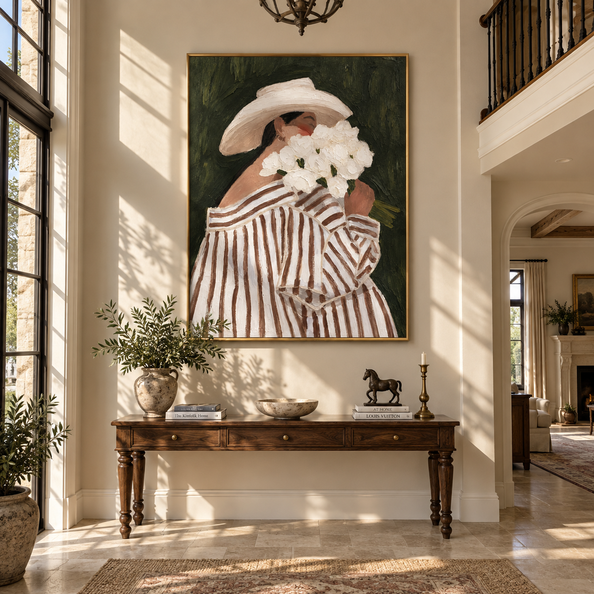 White Blooms Hide Her – striped woman holding white flowers, Retro Modern vertical wall art - displayed along a stair landing