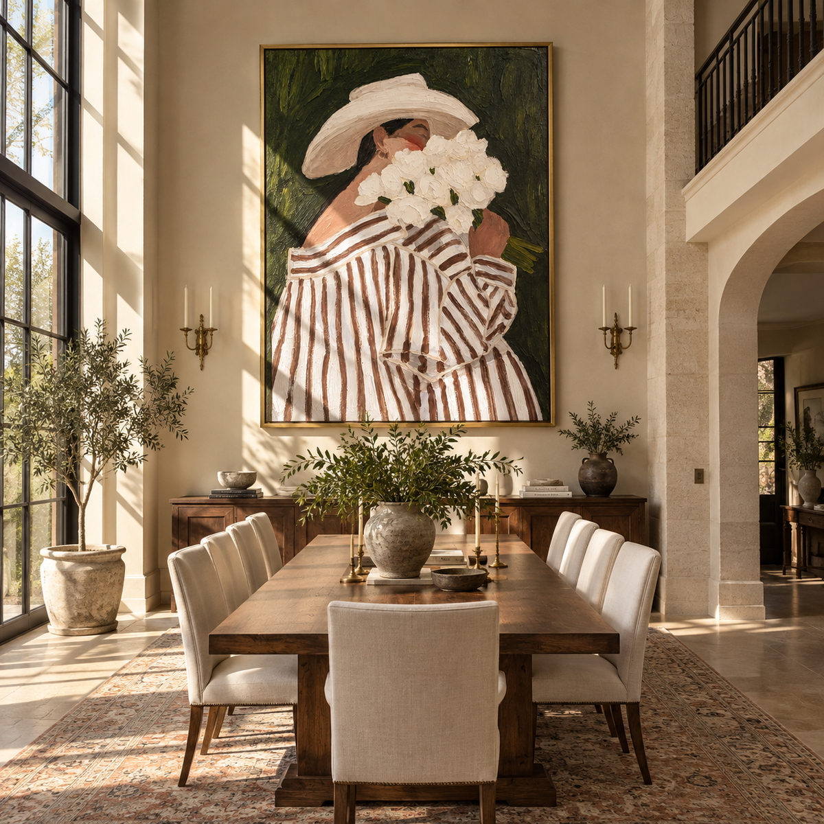 White Blooms Hide Her – striped woman holding white flowers, Retro Modern vertical wall art - displayed above a narrow living room console