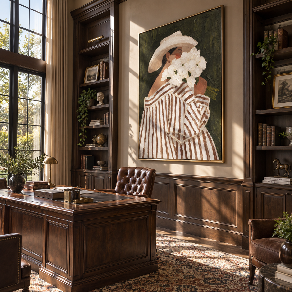 White Blooms Hide Her – striped woman holding white flowers, Retro Modern vertical wall art - displayed in a quiet reading corner