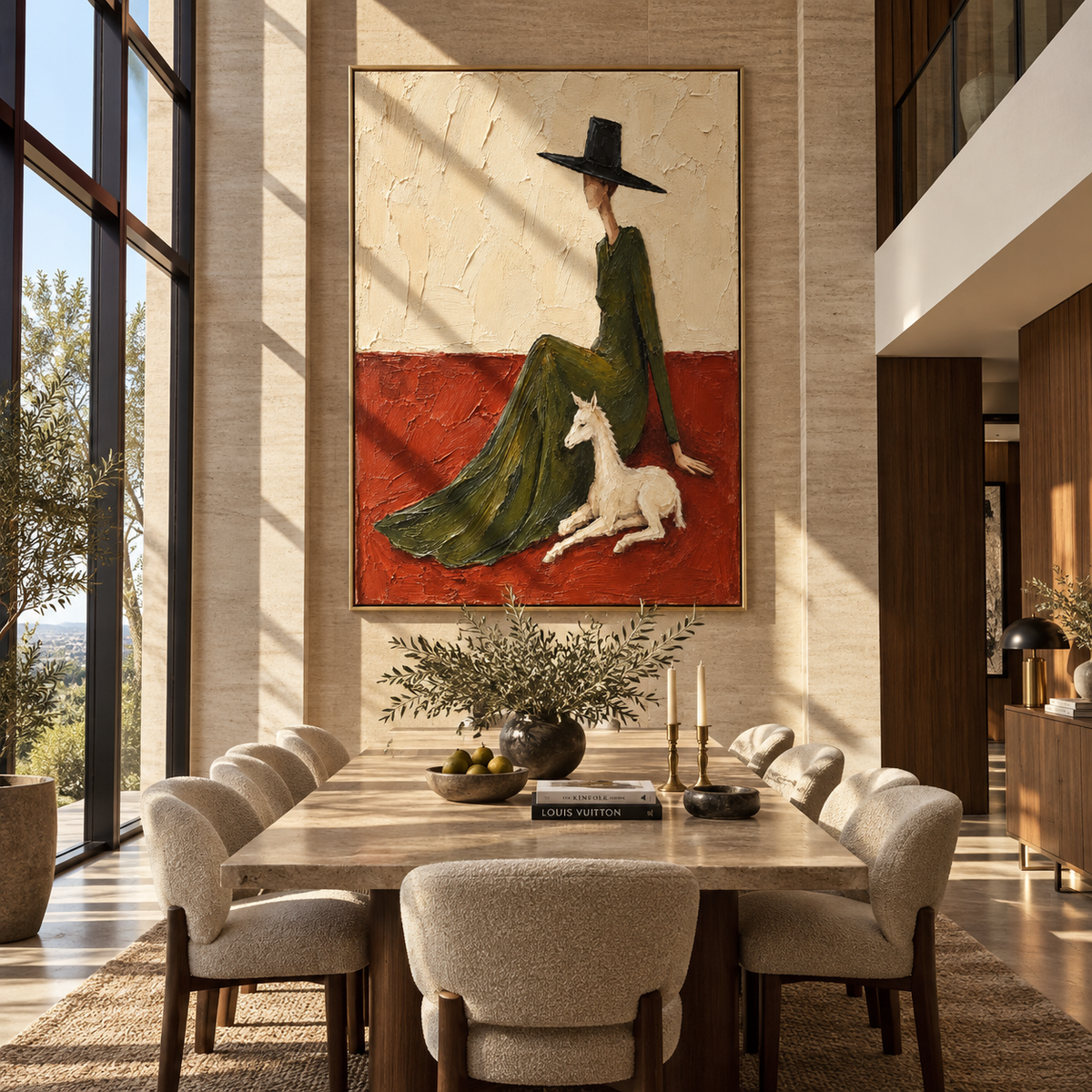 Tall Hat Leads Pony – tall hat woman with white horse, Retro Modern vertical wall art - displayed beside a bedroom dresser
