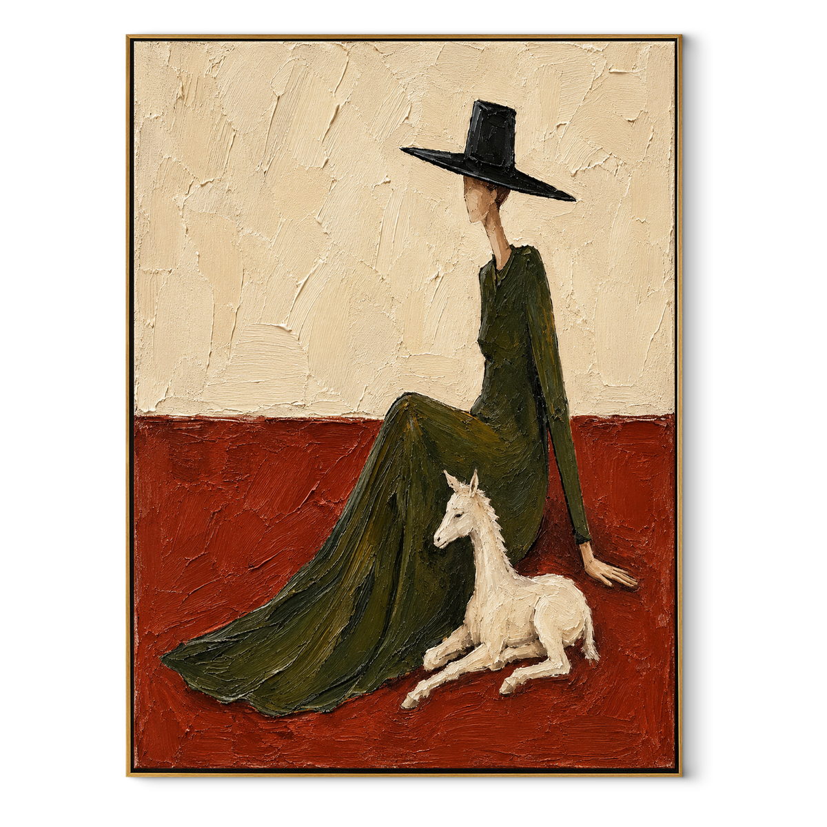 Tall Hat Leads Pony – tall hat woman with white horse, Retro Modern vertical wall art - wood frame on white background
