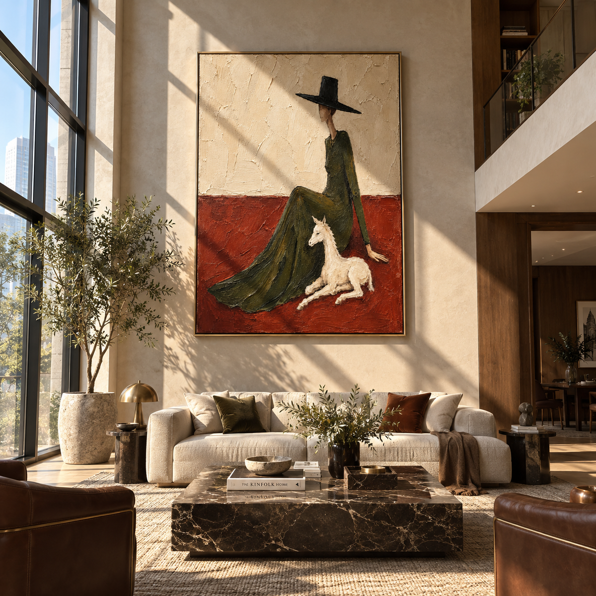 Tall Hat Leads Pony – tall hat woman with white horse, Retro Modern vertical wall art - displayed along a stair landing