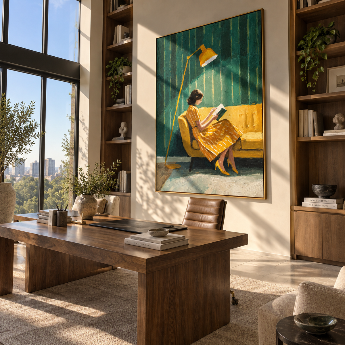 Golden Lamp Guards Pages – woman reading under golden lamp, Retro Modern vertical wall art - displayed through an entryway