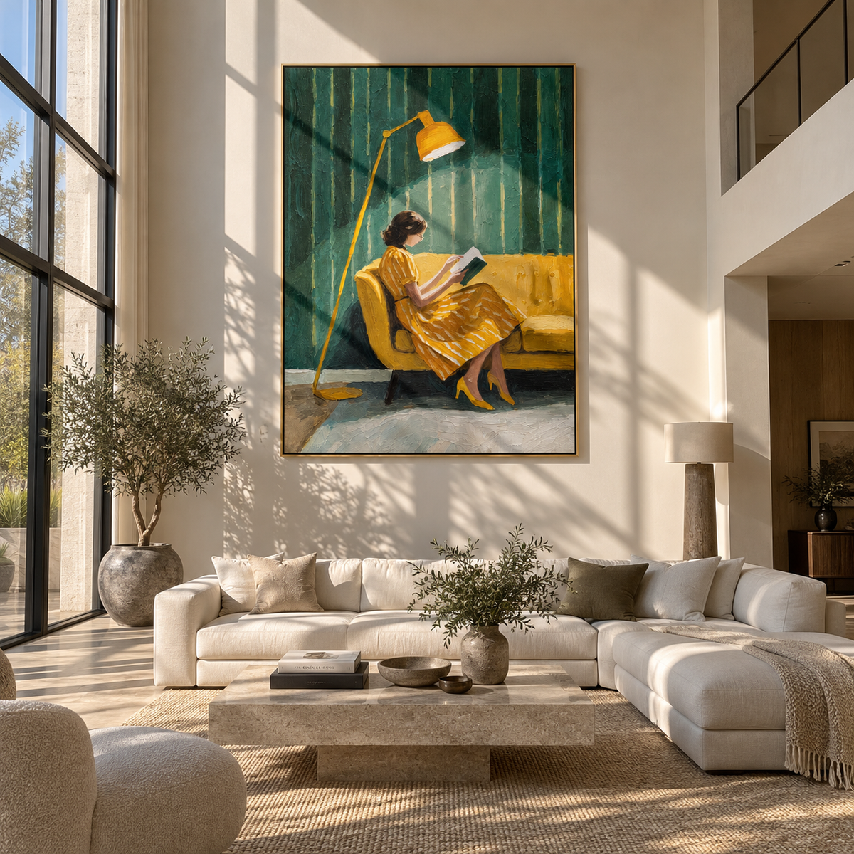 Golden Lamp Guards Pages – woman reading under golden lamp, Retro Modern vertical wall art - displayed along a stair landing