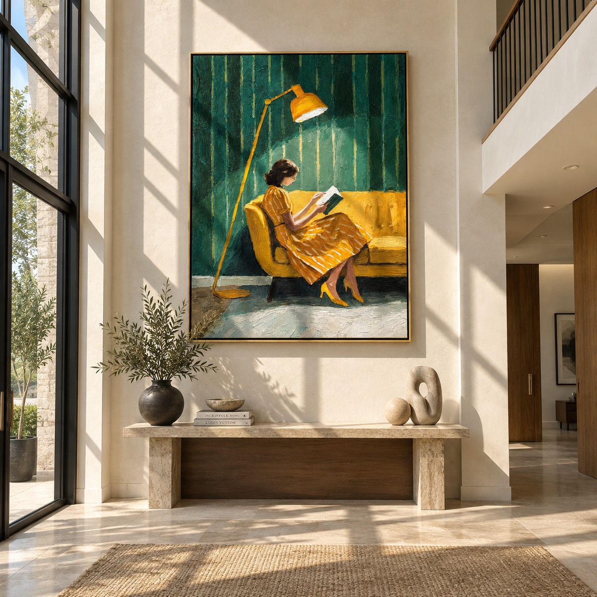 Golden Lamp Guards Pages – woman reading under golden lamp, Retro Modern vertical wall art - displayed in a quiet reading corner