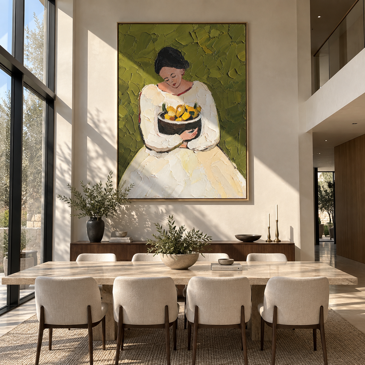 Lemon Bowl Rests Gently – woman holding bowl of lemons, Retro Modern vertical wall art - displayed beside a bedroom dresser